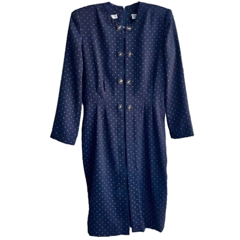 Chaus Red Polka Dot Sheath Dress, Gold Button, Long Sleeve, Size 12